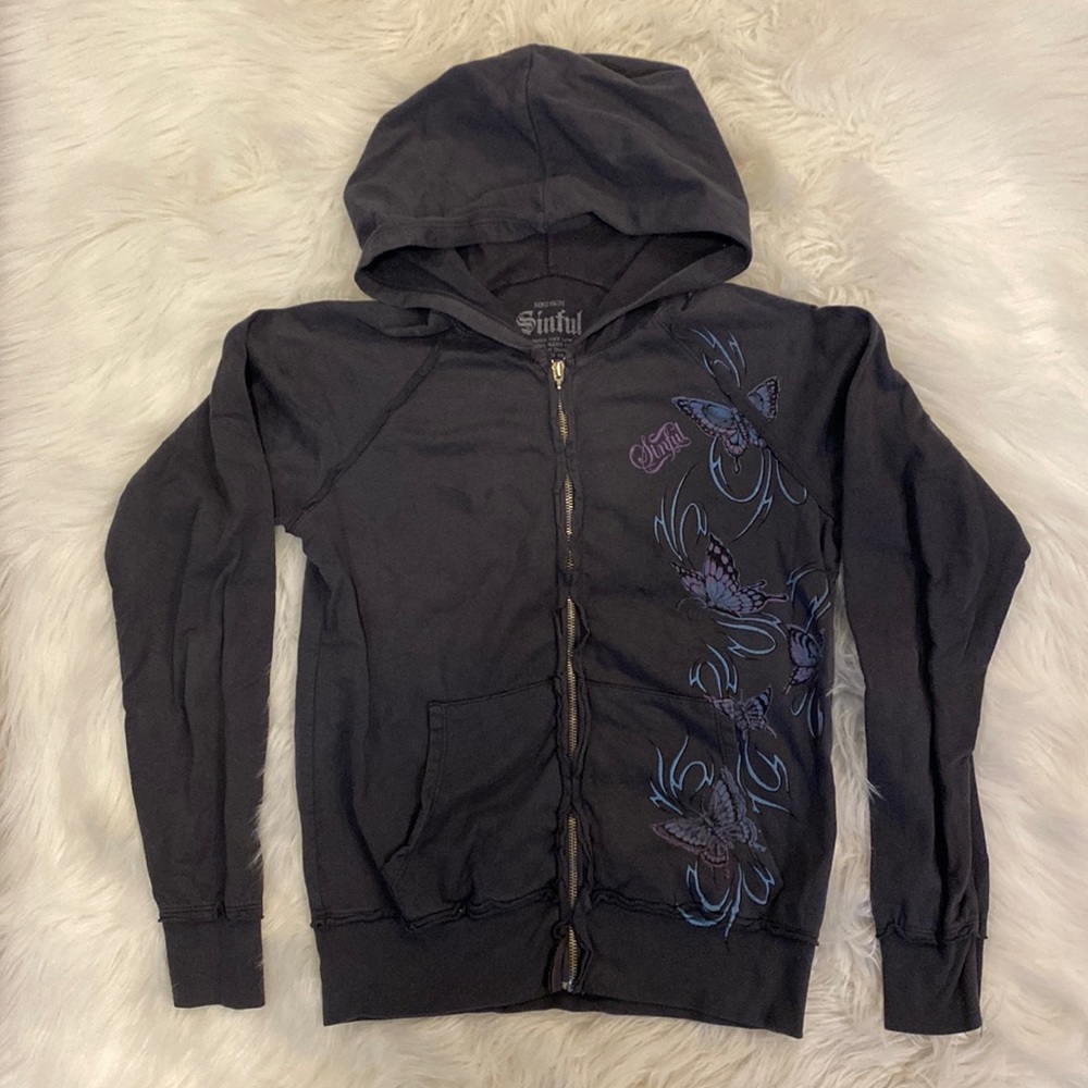 Sinful zip up hoodie.  Size Medium, dark gray/vintage black color